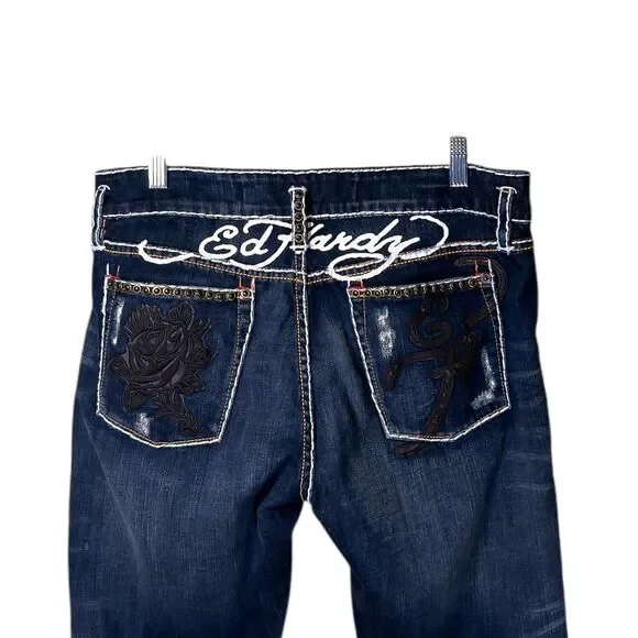 Ed Hardy Christian Audigier Boyfriend Jeans Womens Blue Dark Wash Embellished 30